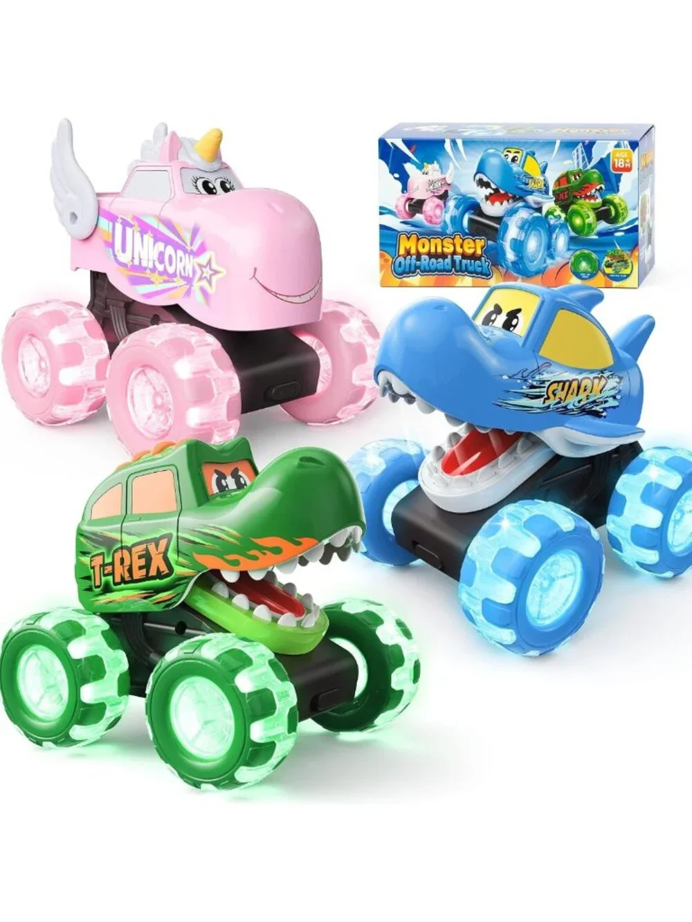 3 Pack Light Up Monster Truck Toys for Toddlers, Big Wheel Friction Cars, Fun